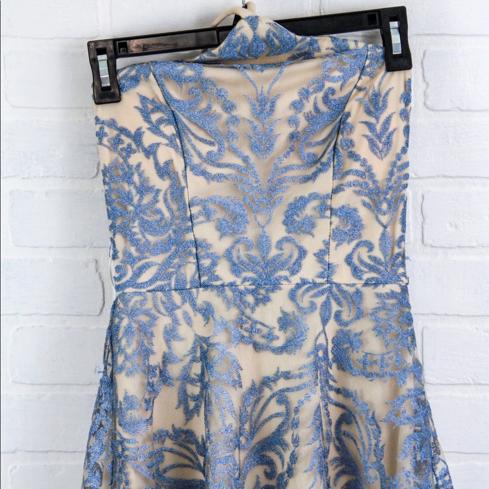 Cream & blue lace prom dress